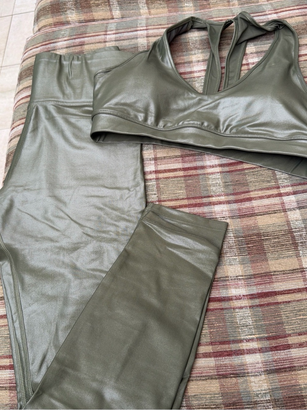 Carbon 38 Women’s Olive Green Faux Leather Active Set - Sports Bra & Leggings